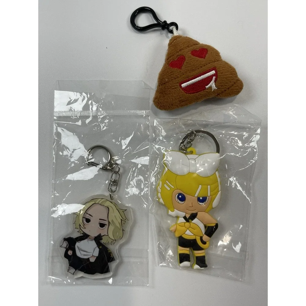 Rin Kagamine Rubber, Manjiro Sano Acrylic & Emoji Poop Plush Key Chains Set Of 3